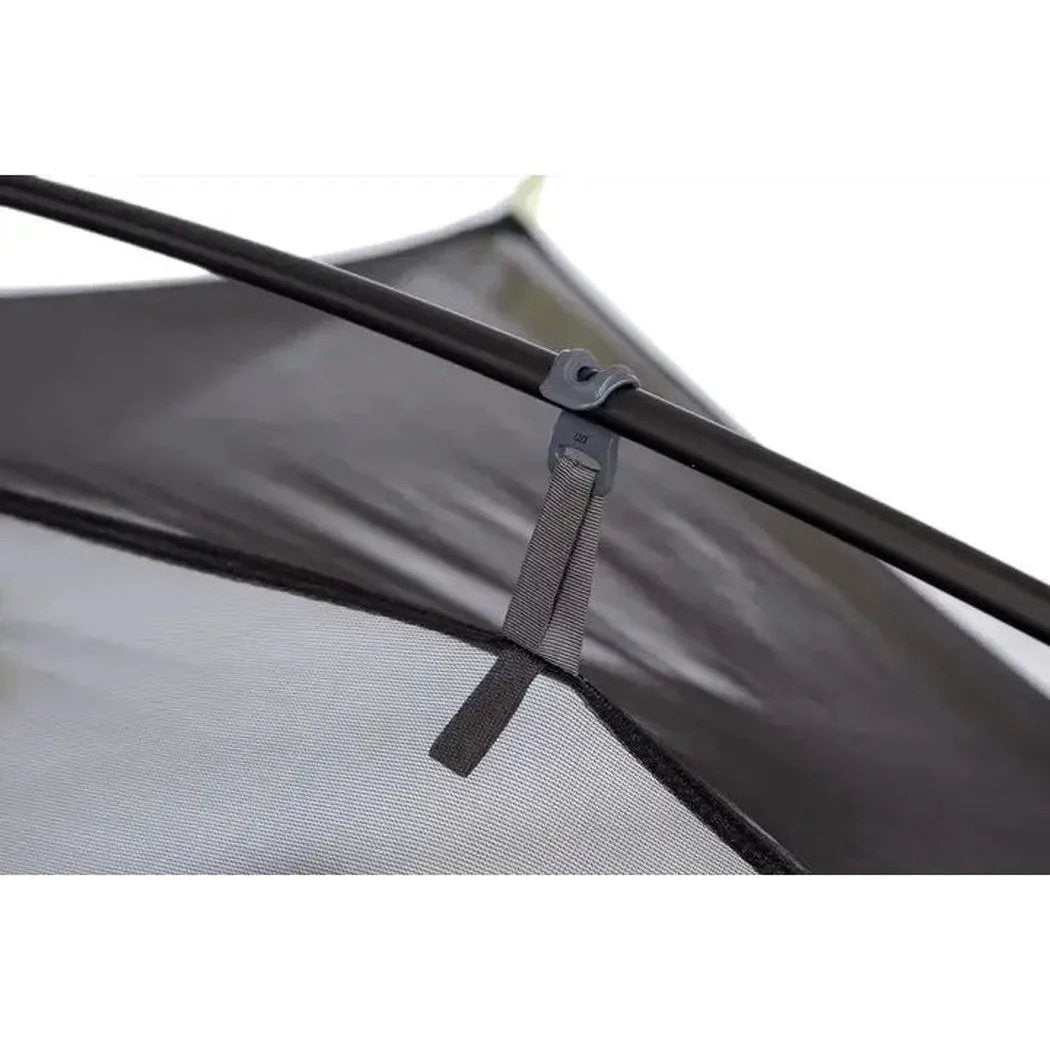 Close-up of the NEMO Dagger OSMO Lightweight Backpacking 2p Tent showing the black pole and mesh interior against a white background.
