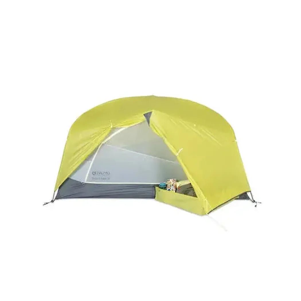 A front view of the NEMO Dagger OSMO Lightweight Backpacking 2p Tent in bright yellow showing the mesh entrance and a small storage pocket against a white background.