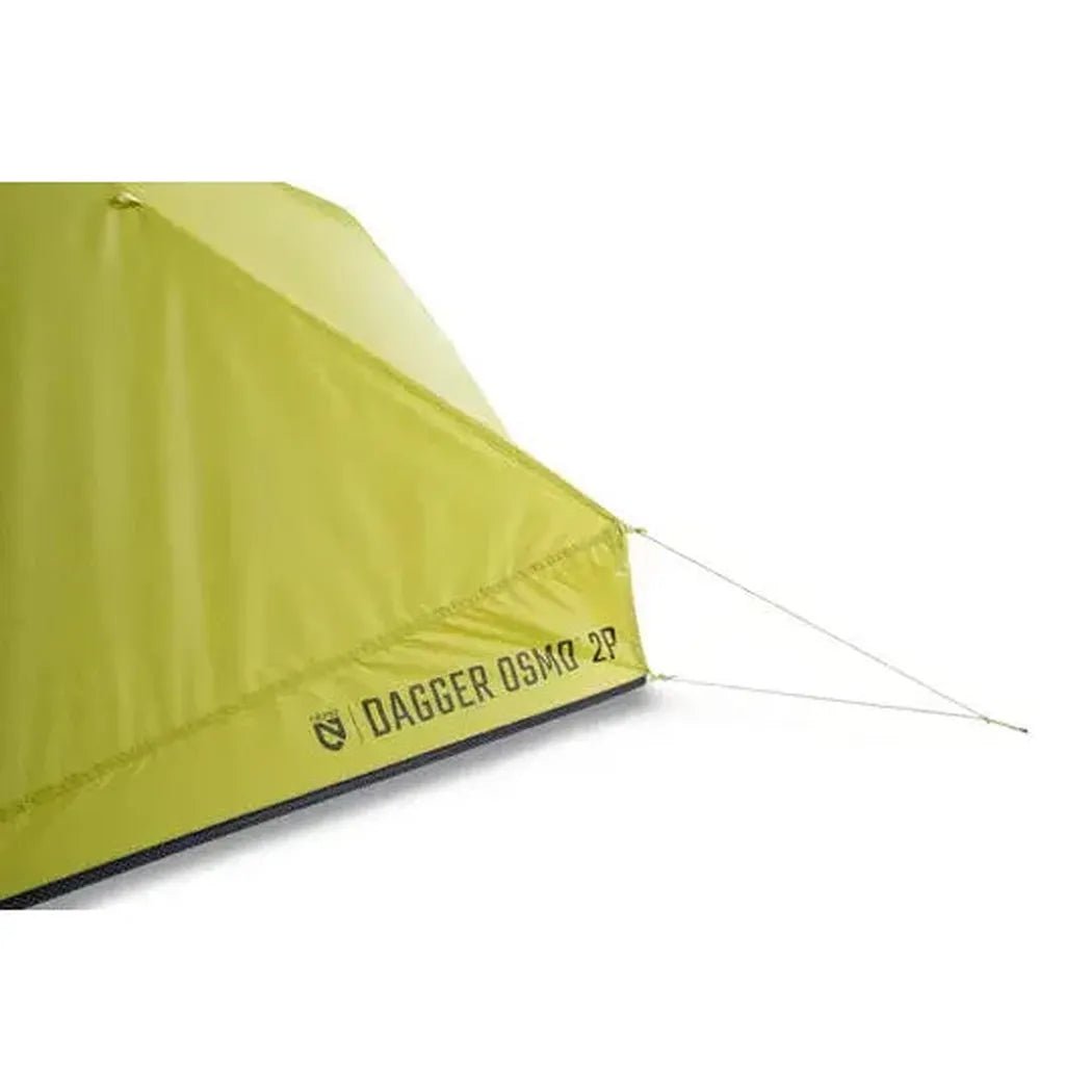 Side view of the NEMO Dagger OSMO 2P tent in yellow showing the brand name and guy lines against a white background.