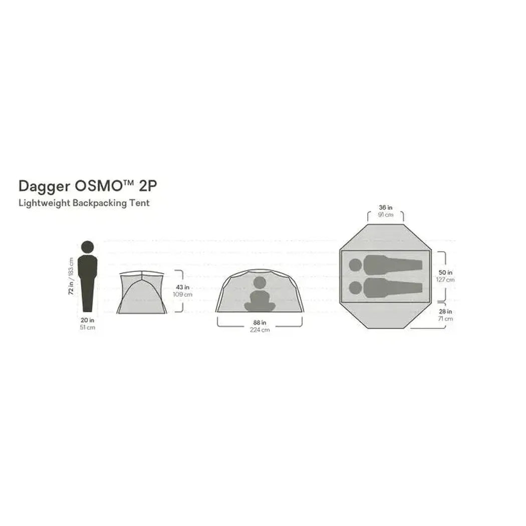 The photo shows the NEMO Dagger OSMO 2P Lightweight Backpacking Tent in a side view with dimensions and a top-down view of the interior layout.