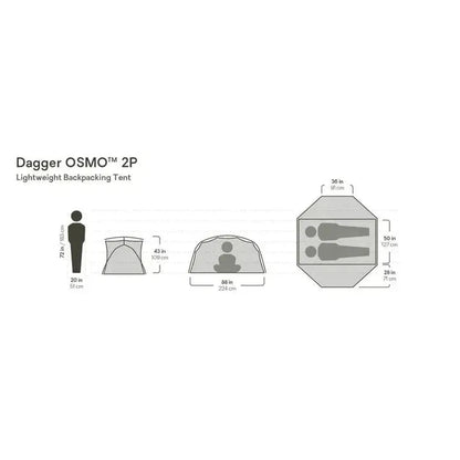 The photo shows the NEMO Dagger OSMO 2P Lightweight Backpacking Tent in a side view with dimensions and a top-down view of the interior layout.