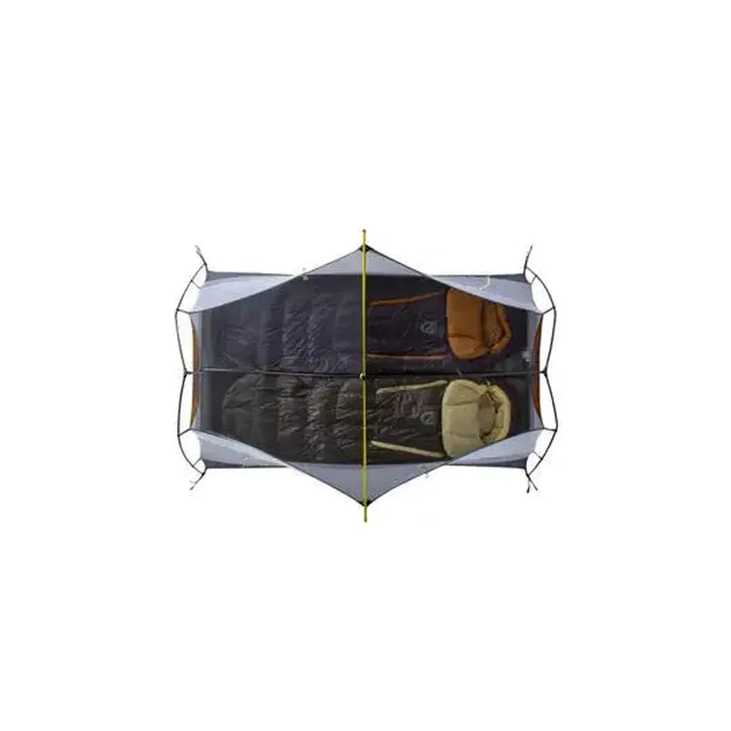 Top-down view of the NEMO Dagger OSMO Lightweight Backpacking 2p Tent with two sleeping bags inside against a white background.