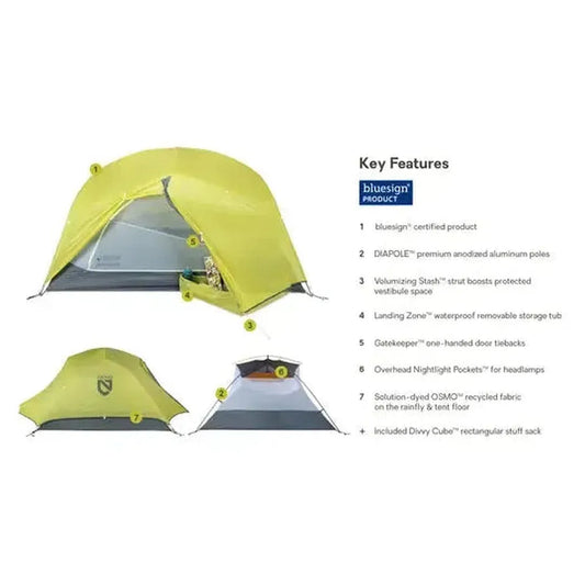 A yellow NEMO Dagger OSMO Lightweight Backpacking 3p Tent photo shows key features and a close-up of the door.