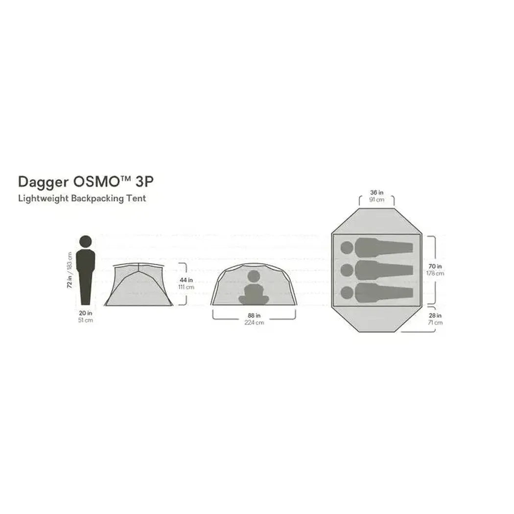 The photo shows the NEMO Dagger OSMO 3P Lightweight Backpacking Tent in a side view with dimensions and a top-down layout visible against a white background.