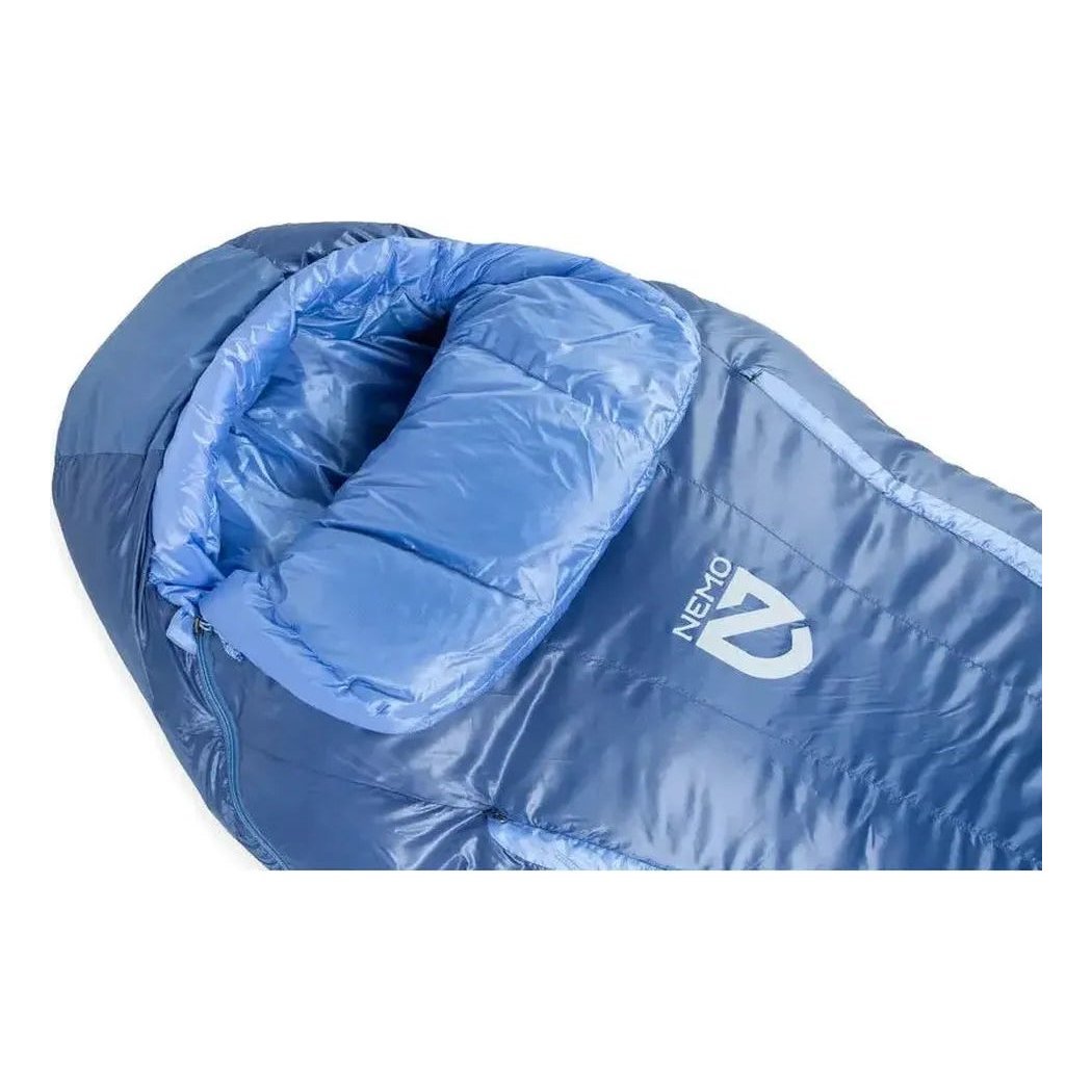 A top-down view of the NEMO Disco Women's Endless Promise 30 Down sleeping bag in Blue Horizon with a blue hood and zipper visible.