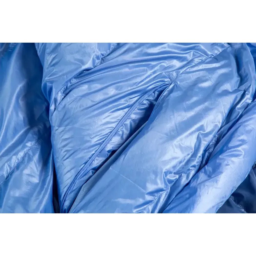 A close-up of the NEMO Disco Women's Endless Promise 30 Down in Blue Horizon showing the zipper and shiny fabric texture.