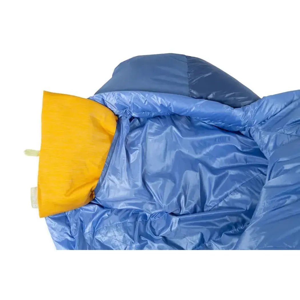 A top-down view of the NEMO Disco Women's Endless Promise 30 Down in Blue Horizon with a yellow hood visible against a white background.