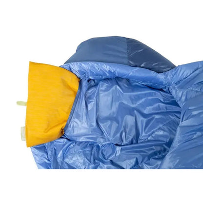 A top-down view of the NEMO Disco Women's Endless Promise 30 Down in Blue Horizon with a yellow hood visible against a white background.