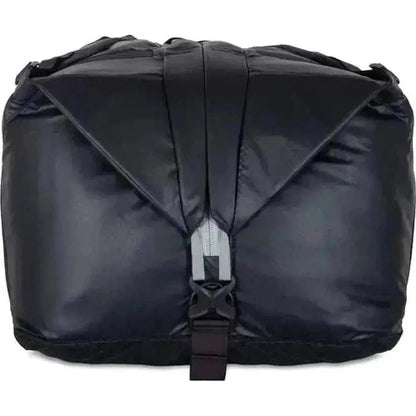 A front view of the NEMO Double Haul Convertible Duffel & Tote in Black showing the buckle closure and compact design.