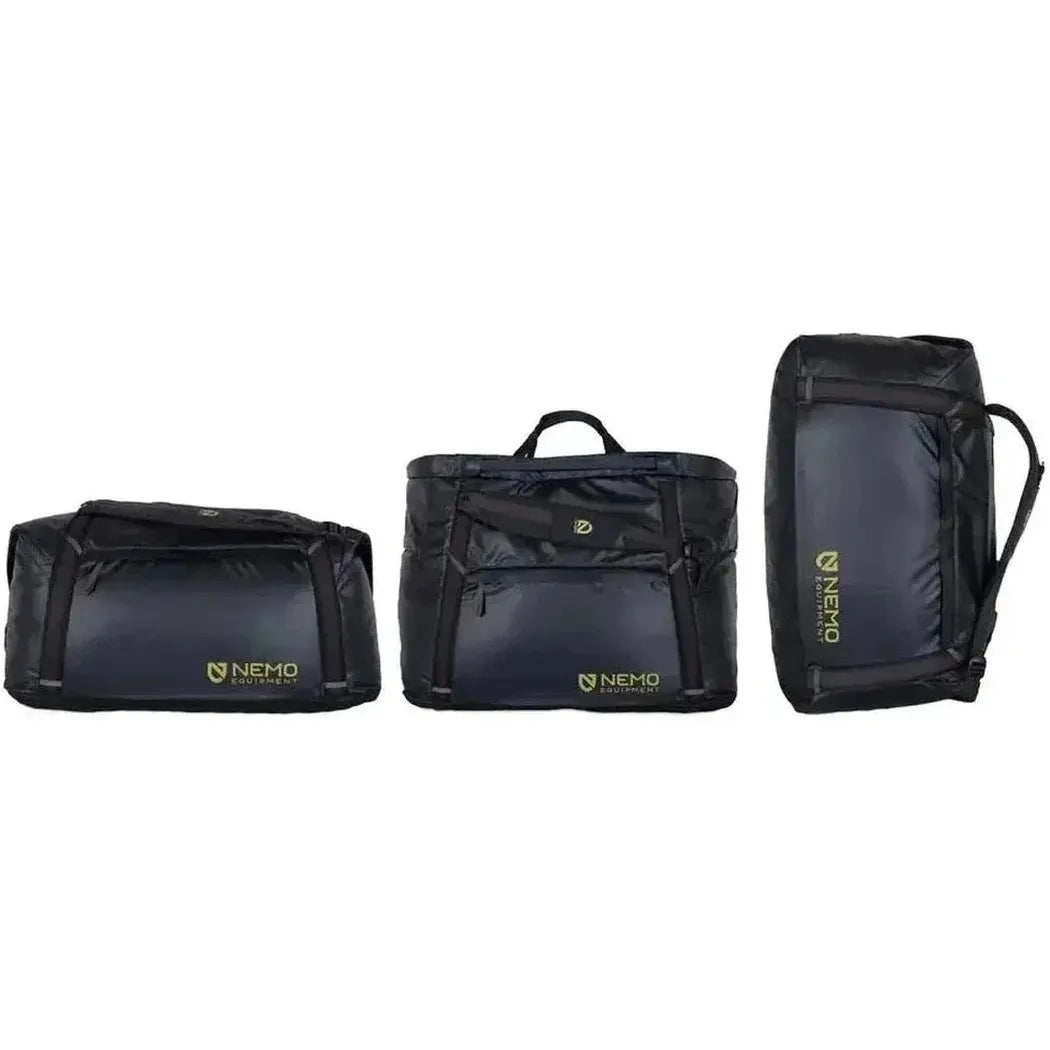 Three black NEMO Double Haul Convertible Duffel & Tote bags in different sizes displayed against a white background.