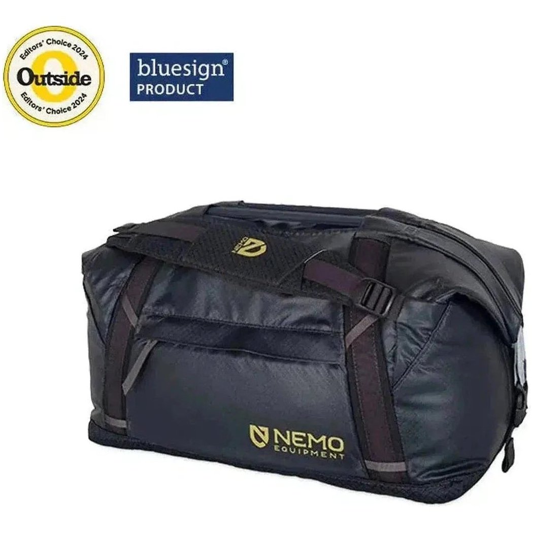 A black NEMO Double Haul Convertible Duffel & Tote sits against a white background with "Outside" and "bluesign" logos above it.