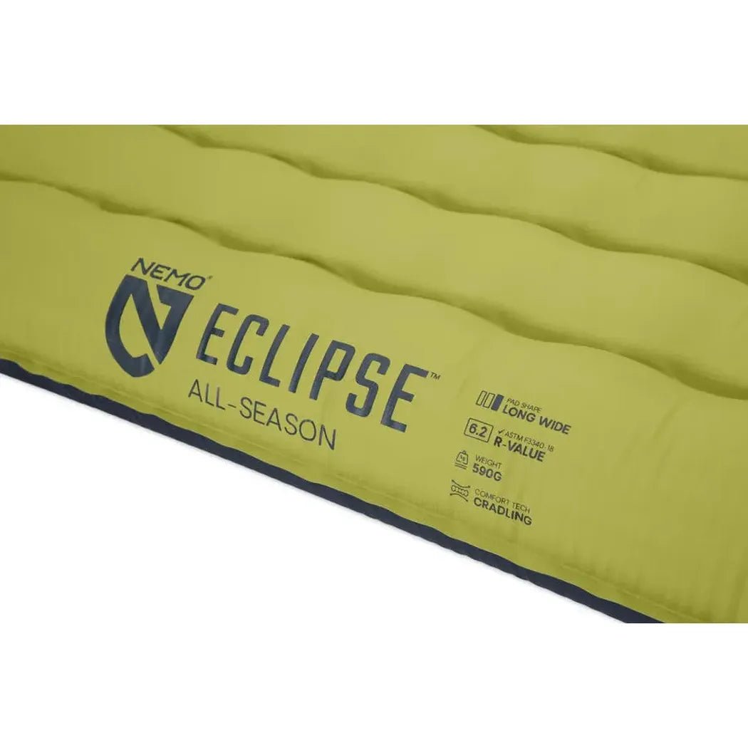 A side view of the NEMO Eclipse All-Season sleeping pad in yellow showing the brand name and specifications against a white background.