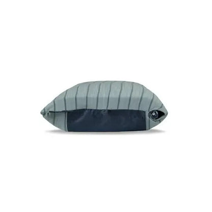 Side view of the NEMO Fillo Backpacking & Camping Pillow in Black Pearl showing the valve and dark panel against a white background.