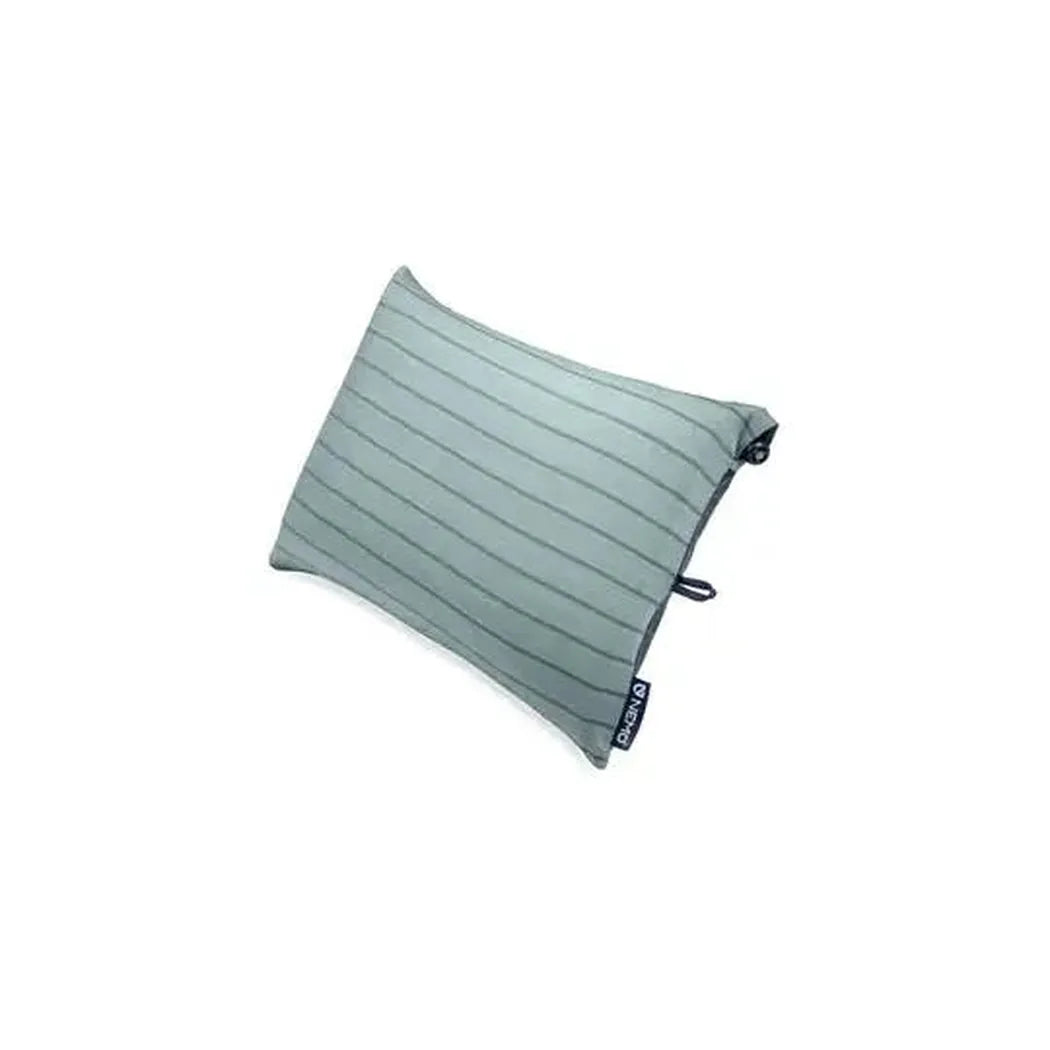 A side view of the NEMO Fillo Backpacking & Camping Pillow in Black Pearl showing the striped fabric and brand tag against a white background.