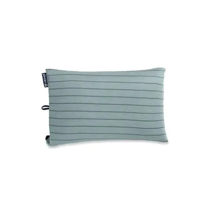 A front view of the NEMO Fillo Backpacking & Camping Pillow in Black Pearl with horizontal stripes and a tag on the left side against a white background.