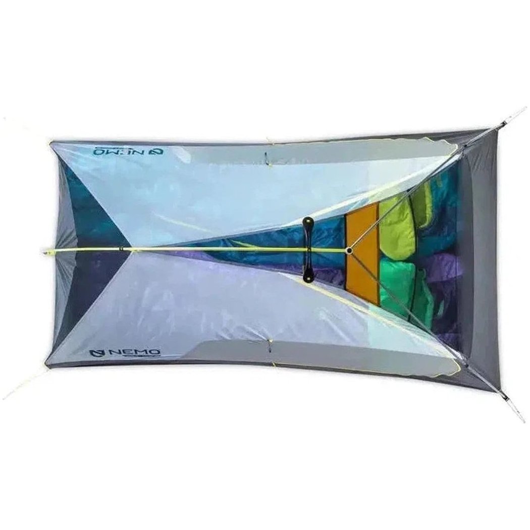 The NEMO Hornet OSMO 2P tent is shown from above with its colorful interior and gray exterior against a white background.