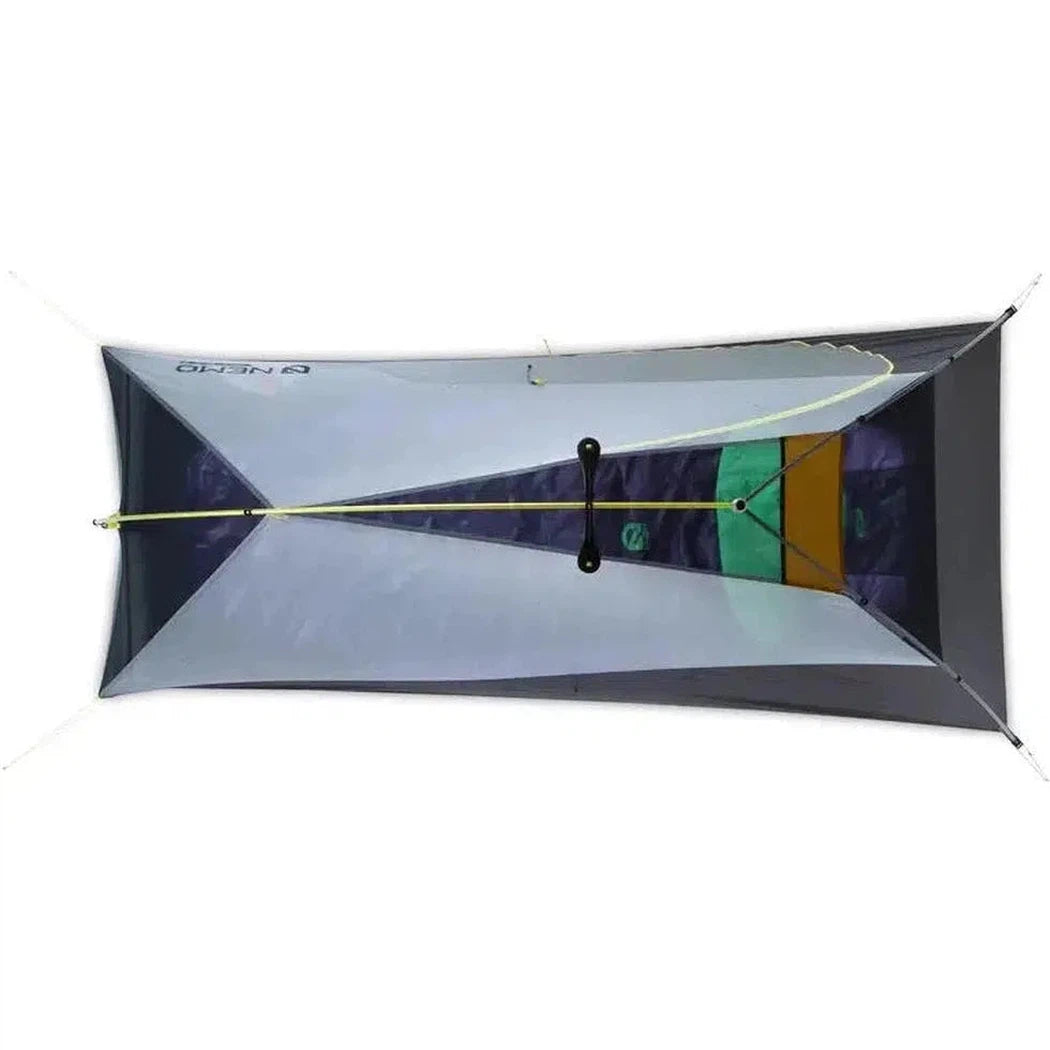 Top-down view of the NEMO Hornet OSMO Ultralight Backpacking Tent showing its compact design and internal structure against a white background.
