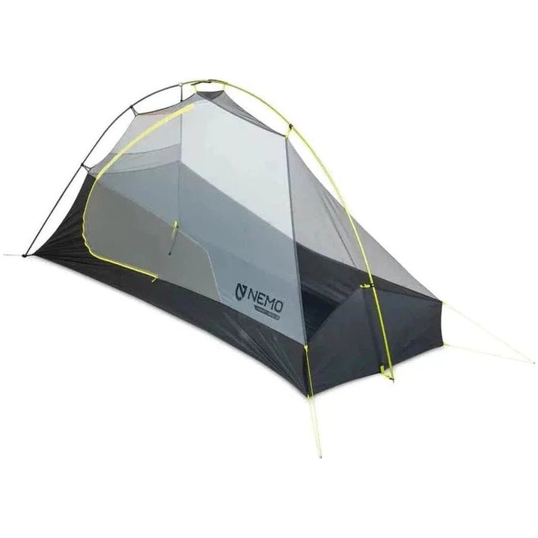 A side view of the NEMO Hornet OSMO Ultralight Backpacking Tent with a gray mesh and black bottom against a white background.