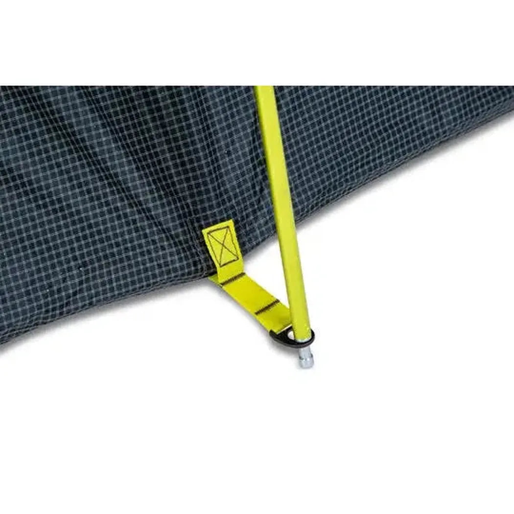 A close-up of the NEMO Hornet OSMO Ultralight Backpacking Tent showing the yellow pole and strap attachment on a charcoal/gray fabric against a white background.
