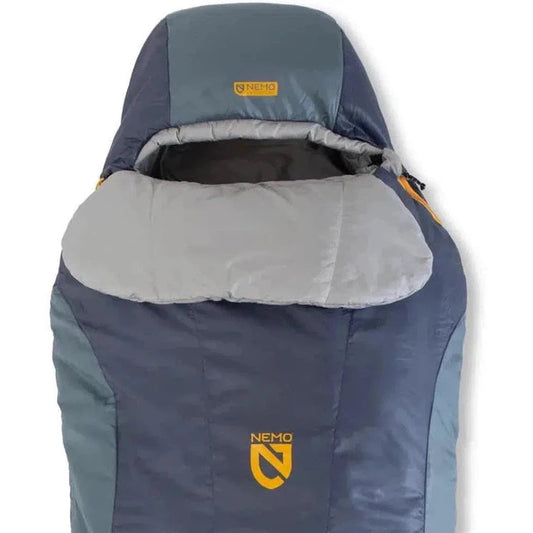 A front view of the NEMO Men's Tempo 20 sleeping bag with a gray hood and dark blue body against a white background.