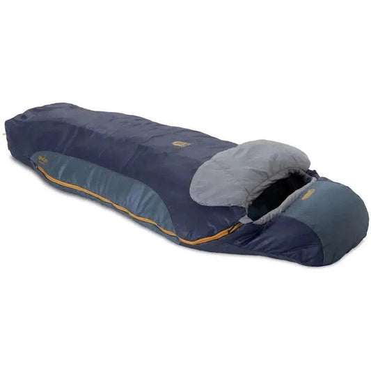 A side view of the NEMO Men's Tempo 20 sleeping bag with a gray hood and dark blue body against a white background.