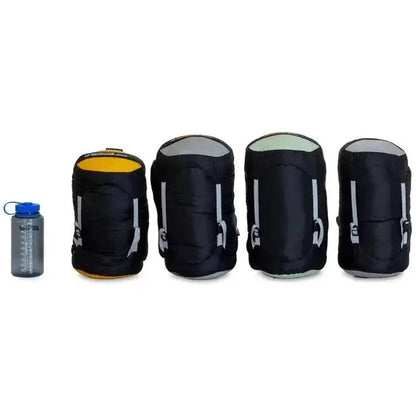 Side view of the NEMO Men's Tempo 20 sleeping bags in black with yellow, gray, and light green tops against a white background.