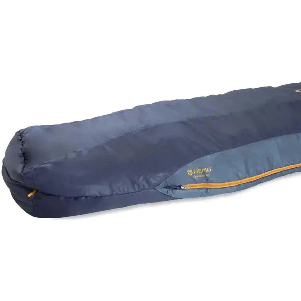 A side view of the NEMO Men's Tempo 20 sleeping bag with a zipper and logo visible against a white background.