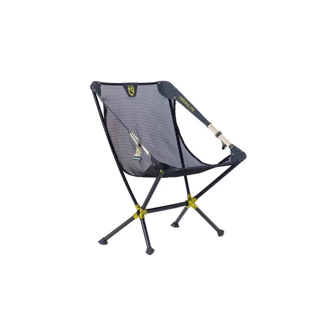 A front view of the NEMO Moonlite Reclining Chair in Black Pearl showing the mesh seat and foldable frame against a white background.