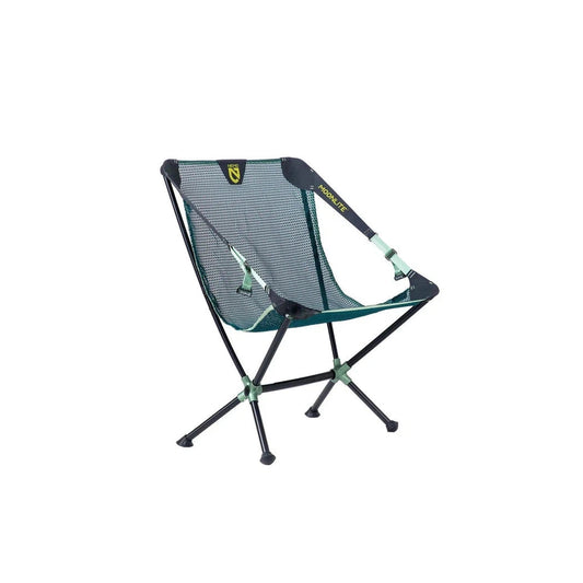 A side view of the NEMO Moonlite Reclining Chair in Black Pearl showing the mesh back and foldable frame against a white background.