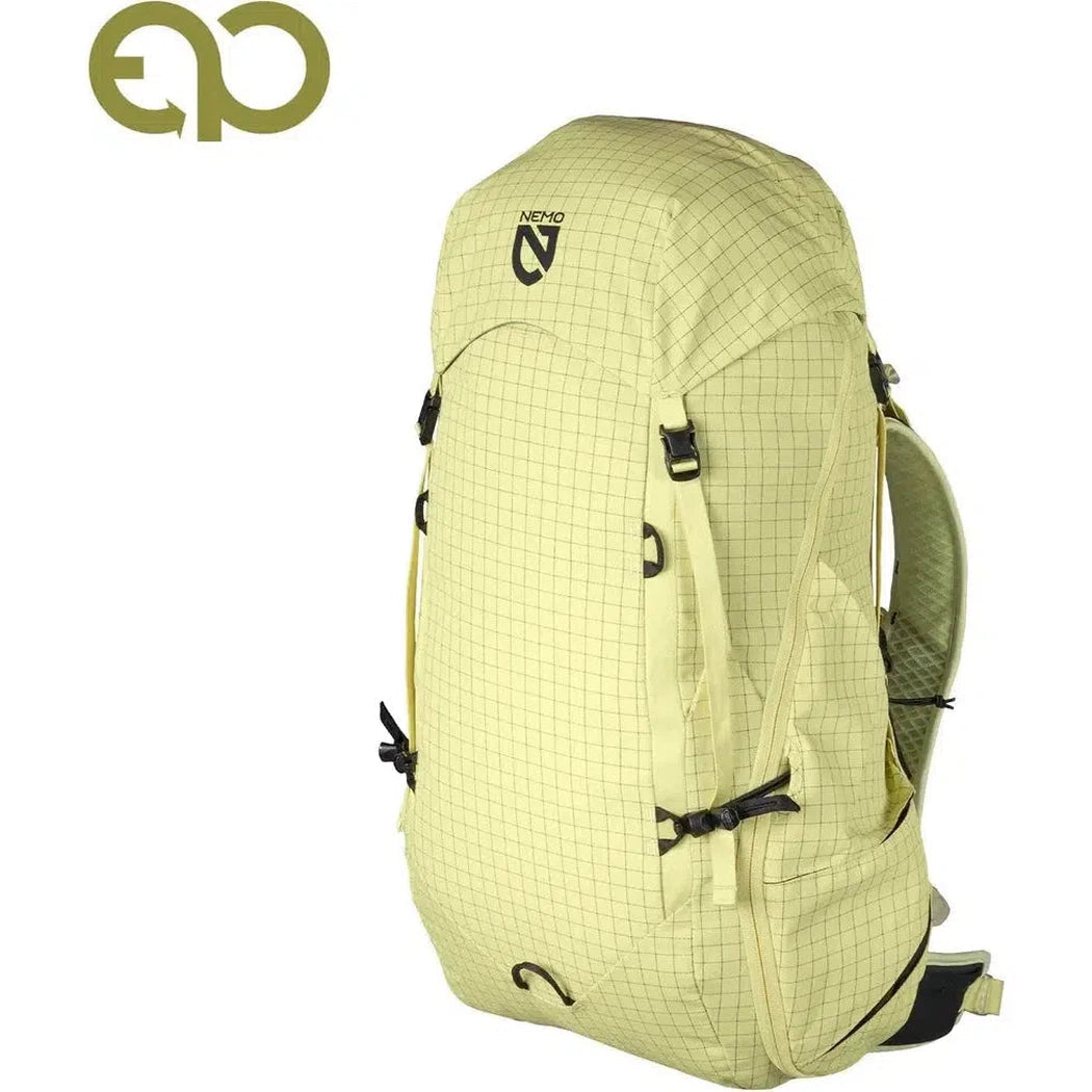 A front view of the NEMO Resolve Mens 35L Endless Promise backpack in Citron with a grid pattern and black straps against a white background.