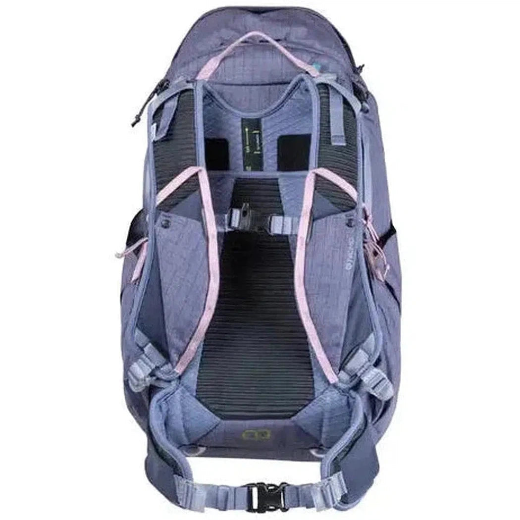 Back view of the NEMO Resolve Womens 35L Endless Promise backpack with padded back panel and blue straps against a white background.