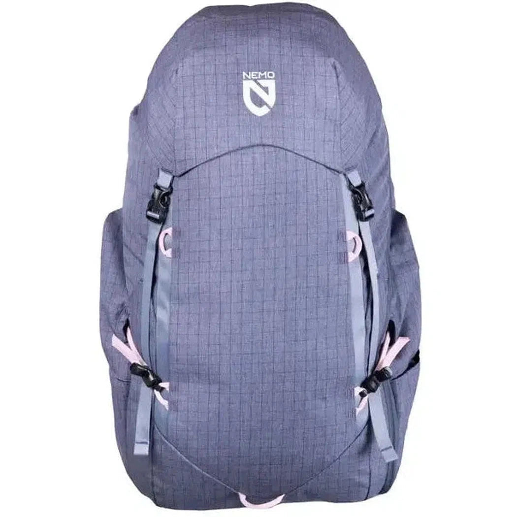 Back view of the NEMO Resolve Womens 35L Endless Promise backpack in Blue Granite with front compression straps and a white background.