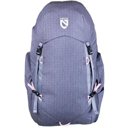 Back view of the NEMO Resolve Womens 35L Endless Promise backpack in Blue Granite with front compression straps and a white background.
