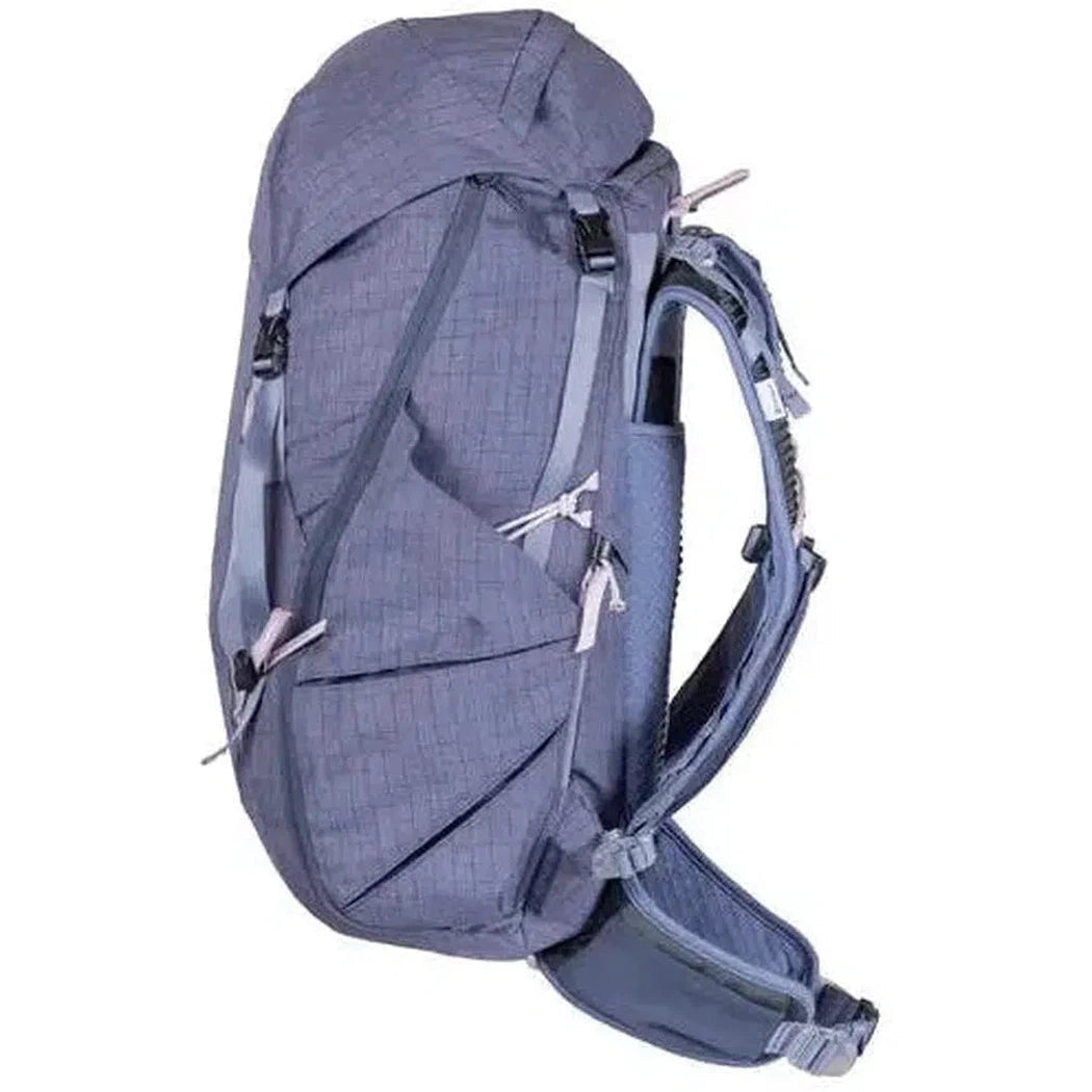 Side view of the NEMO Resolve Womens 35L Endless Promise backpack in Blue Granite showing the shoulder straps and hip belt against a white background.