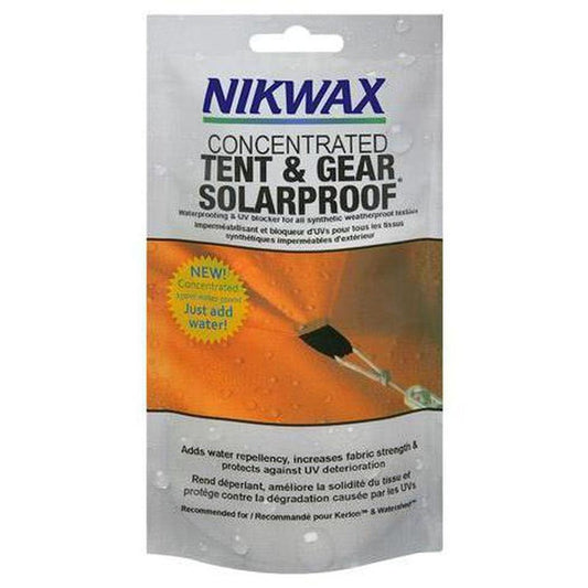 A front-facing photo of the Nikwax Concentrated Tent & Gear Solarproof package showing the orange label and "Just add water!" sticker.