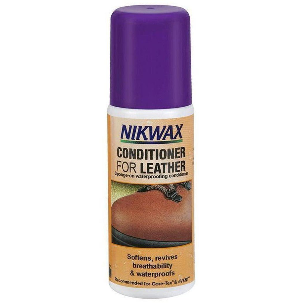 A front view of the Nikwax Conditioner For Leather spray bottle with a purple cap and orange label showing a brown leather boot image.