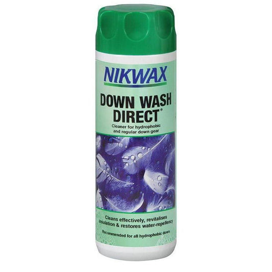 A front view of the Nikwax Down Wash Direct bottle with a green cap and blue feather graphic on a white background.