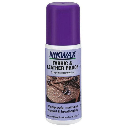 A front view of the Nikwax Fabric & Leather Proof 4.2oz spray bottle with a purple cap against a white background.