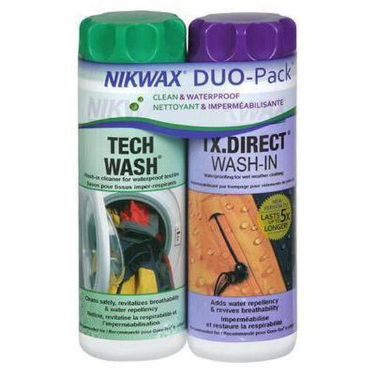 Two bottles of Nikwax Duo-Pack cleaning products sit side by side with a white background.