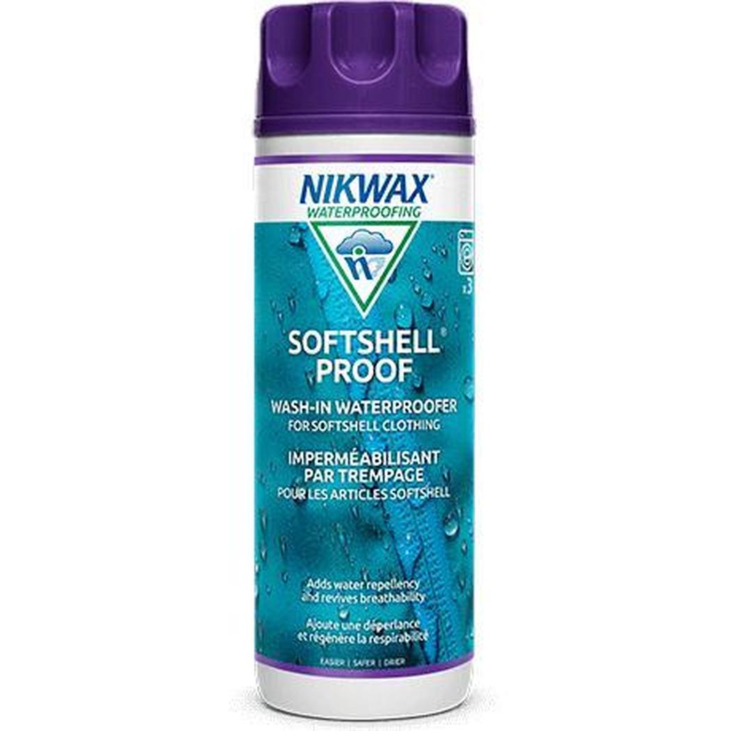 A front view of the Nikwax Softshell Proof wash-in waterproofing spray can against a white background.