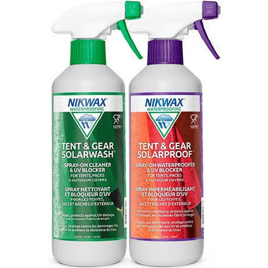 Two 16.9oz Nikwax Tent & Gear DUO-Pack bottles with green and purple spray nozzles sit side by side against a white background.