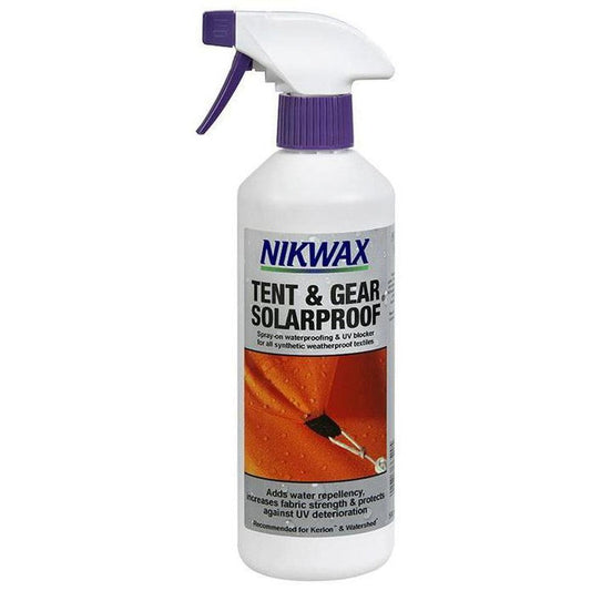 A front view of the Nikwax Tent & Gear SolarProof spray bottle with a white and purple trigger against a white background.
