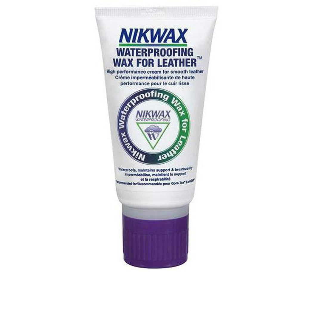 A front view of the Nikwax Waterproofing Wax for Leather 3.4oz tube with a purple cap against a white background.