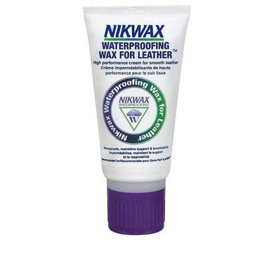 A front view of the Nikwax Waterproofing Wax for Leather 3.4oz tube with a purple cap against a white background.