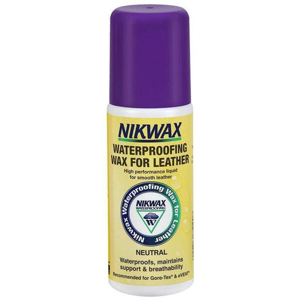 A front view of the Nikwax Waterproofing Wax for Leather Liquid - Neutral bottle with a purple cap against a white background.