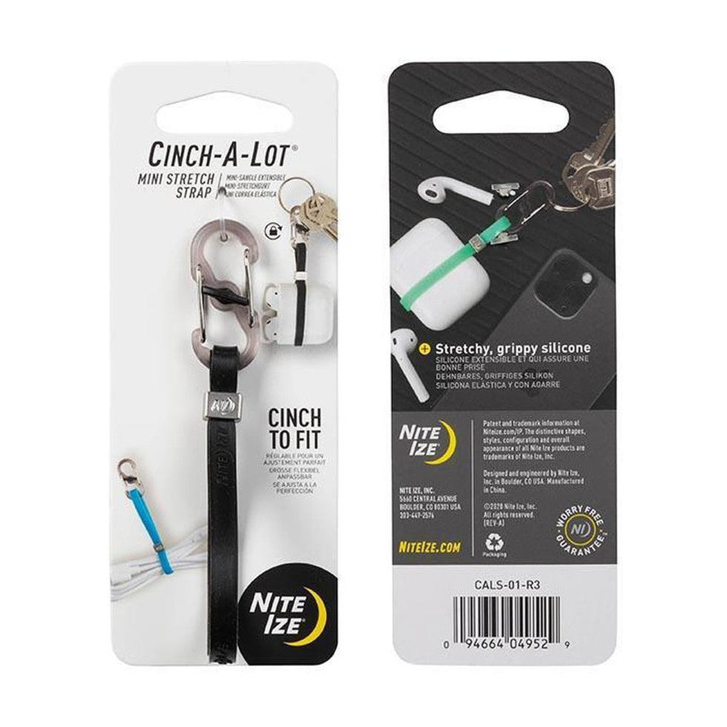 Back and front packaging of the Nite Ize Cinch-A-Lot Mini Stretch Strap showing the black strap and carabiner.