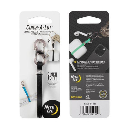 Back and front packaging of the Nite Ize Cinch-A-Lot Mini Stretch Strap showing the black strap and carabiner.