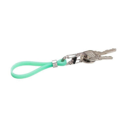 A black Nite Ize Cinch-A-Lot Mini Stretch Strap holding two keys against a white background.