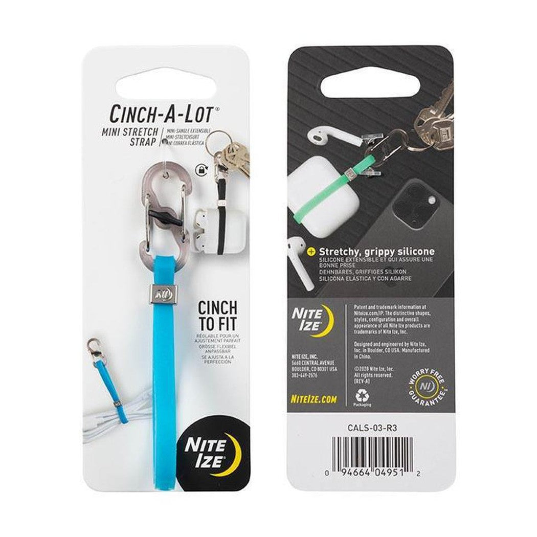 Back of Nite Ize Cinch-A-Lot Mini Stretch Strap showing stretchy, grippy silicone and keys attached.