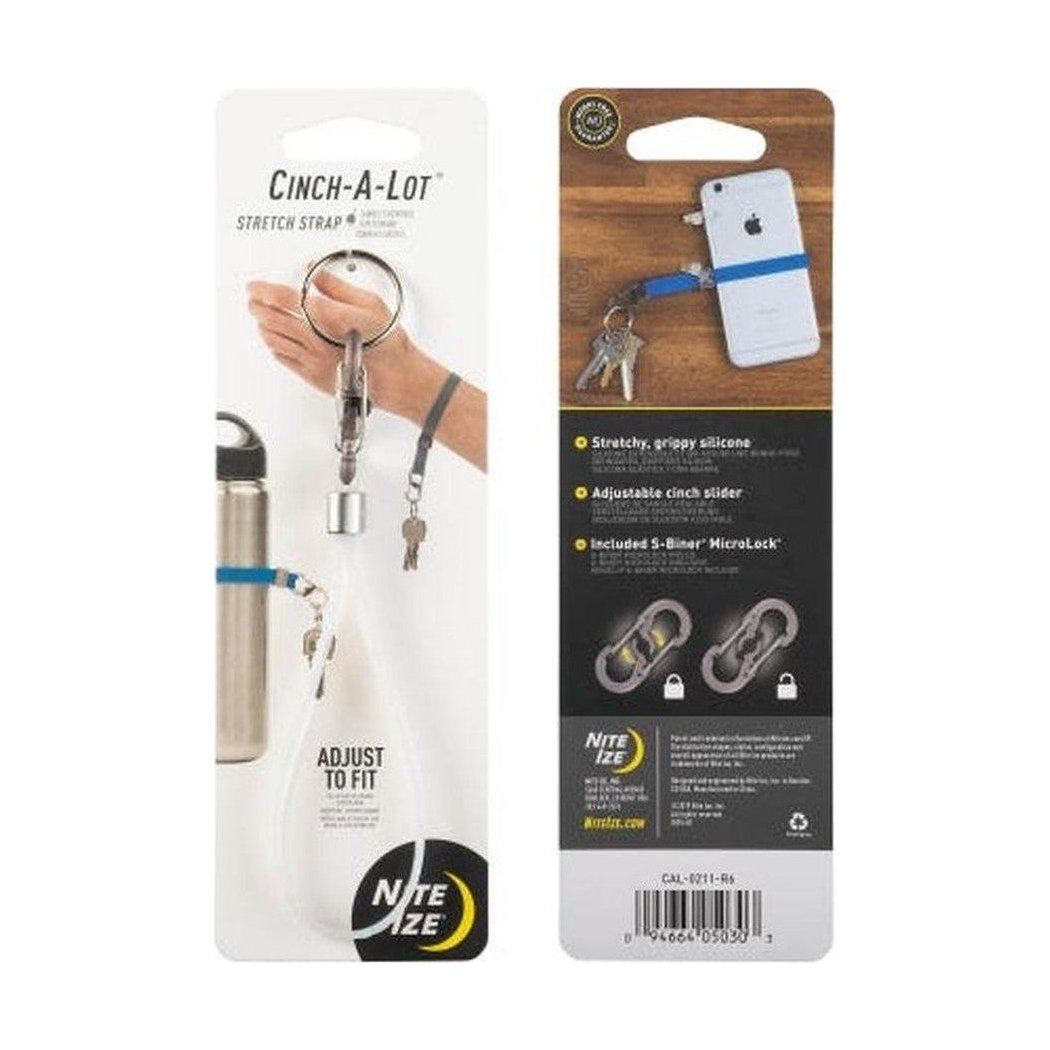 Back of Nite Ize Cinch-A-Lot Stretch Strap package showing blue strap on a white phone and keys, with product features listed.